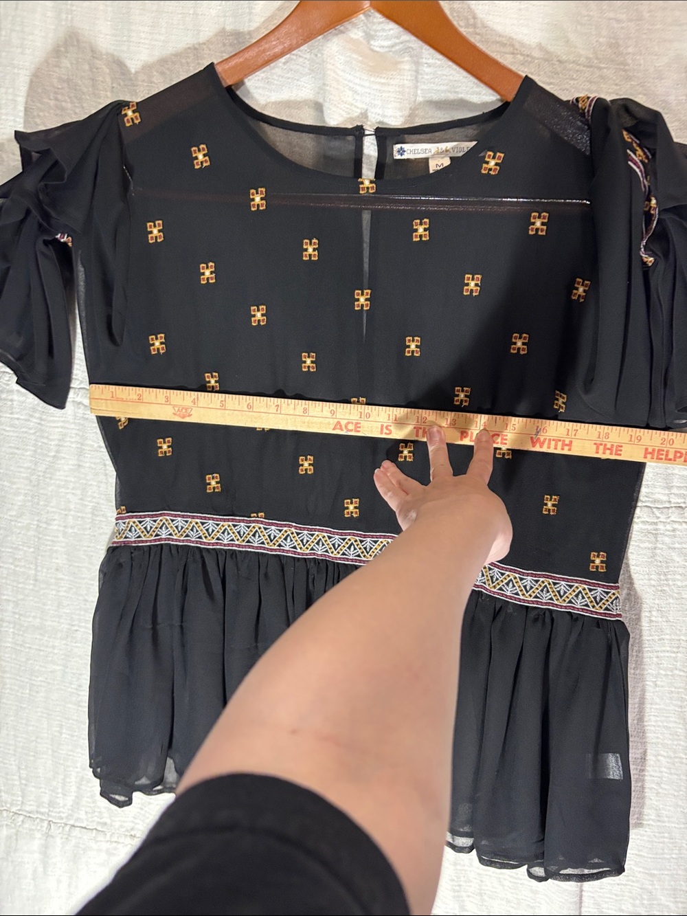 Chelsea & Violet Black Ruffled Peplum Blouse with Gold Embroidery Bell Sleeves - Picture 6 of 11